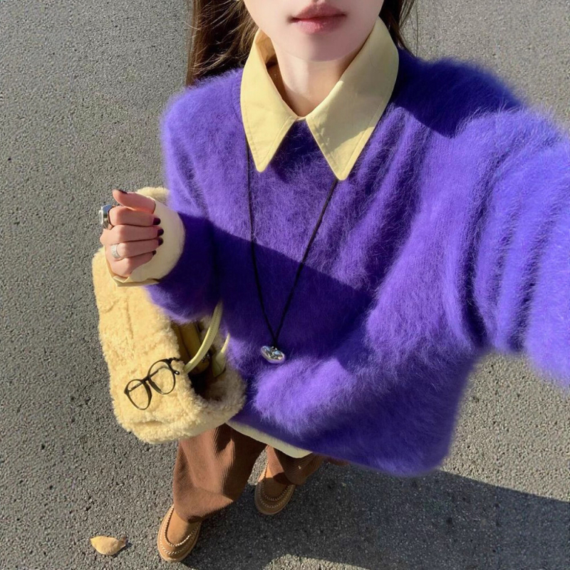 Pulover din velur imitatie mink, stil casual coreean, guler rotund gros, material poliester