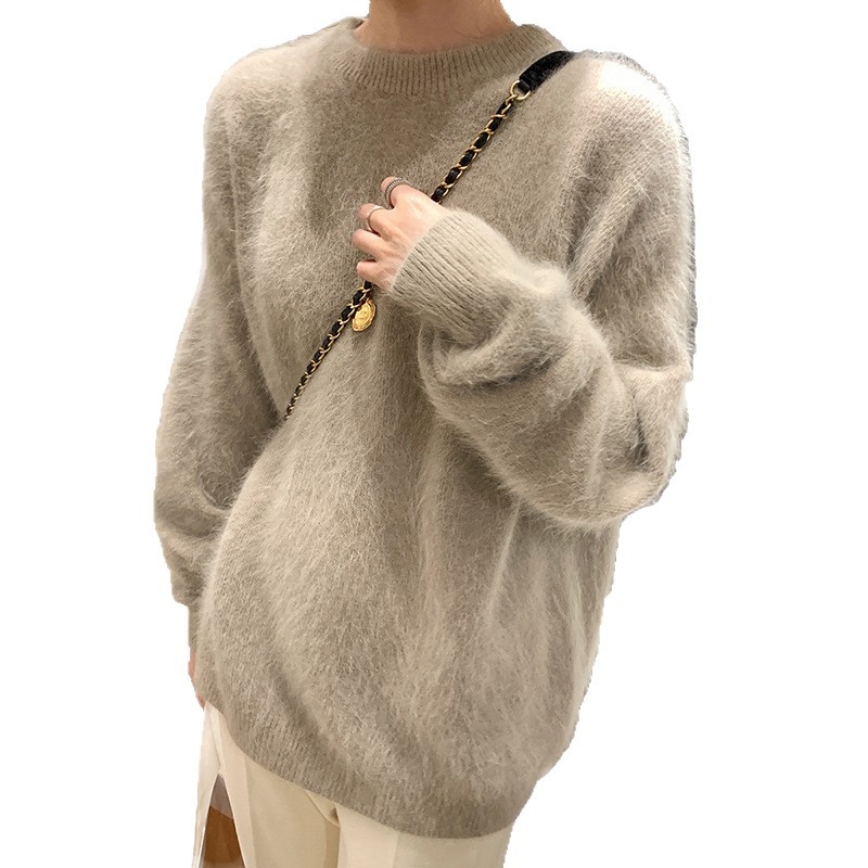 Pulover din velur imitatie mink, stil casual coreean, guler rotund gros, material poliester