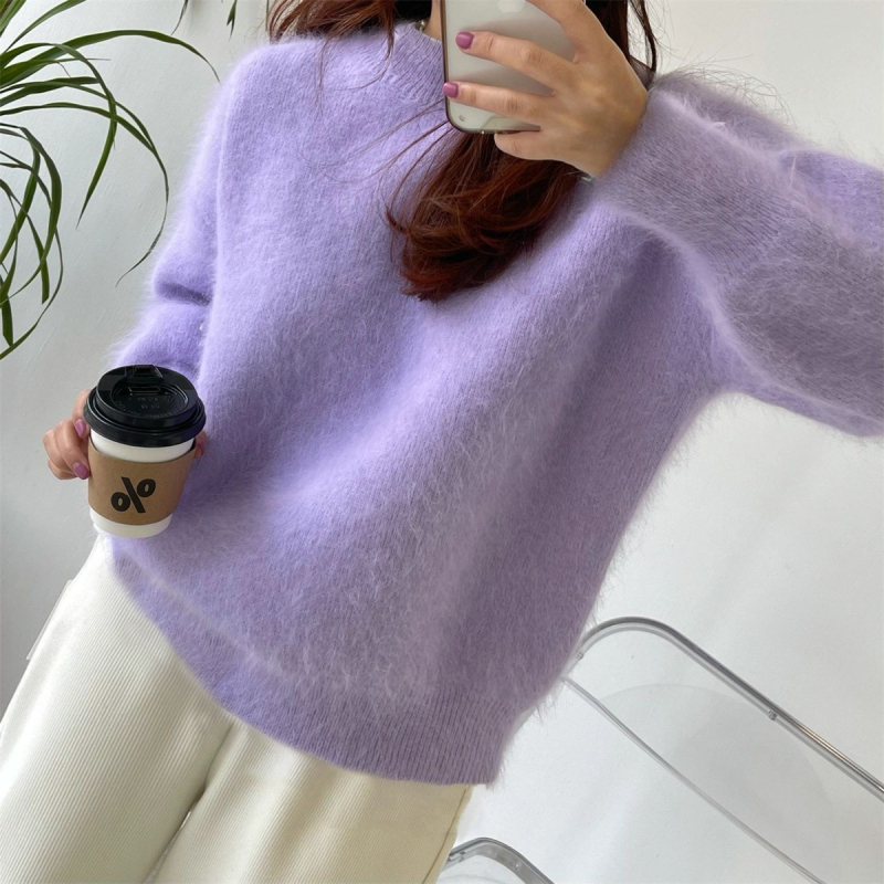 Pulover din velur imitatie mink, stil casual coreean, guler rotund gros, material poliester