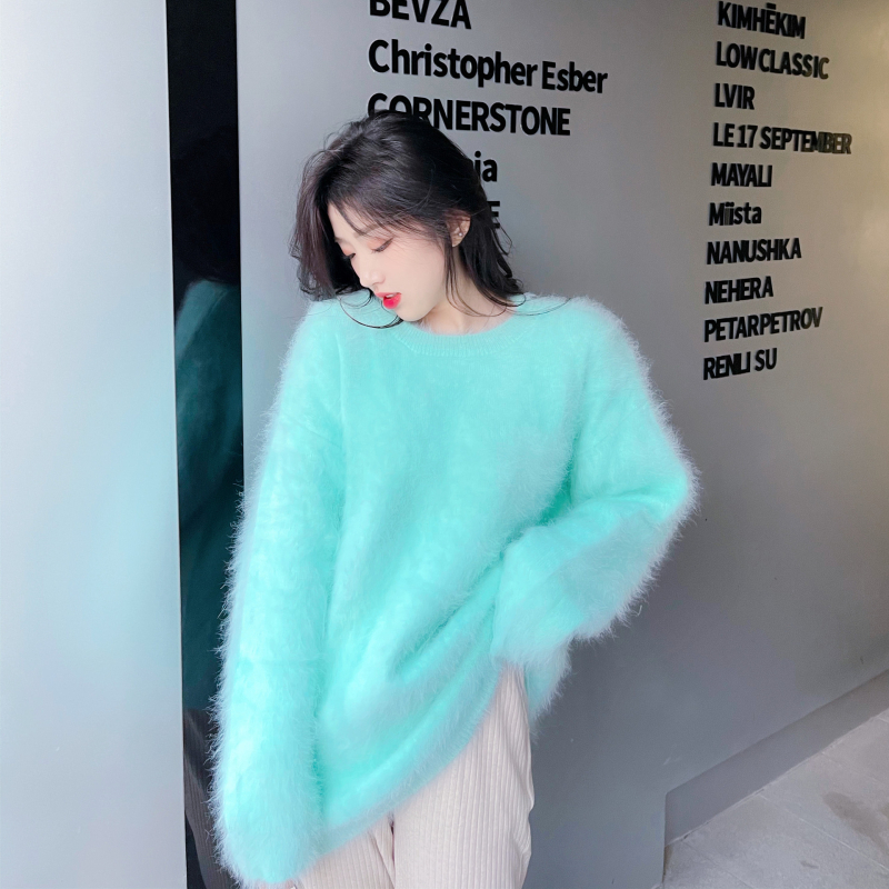 Pulover din velur imitatie mink, stil casual coreean, guler rotund gros, material poliester