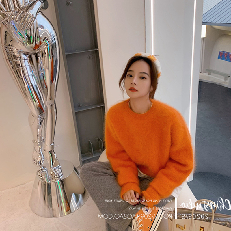 Pulover din velur imitatie mink, stil casual coreean, guler rotund gros, material poliester