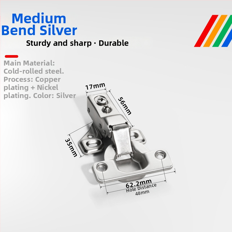 Pánt s krátkym ramenom pre dvere skríň a skriniek, americký štýl; materiál: studený valcovaný oceľ; povrch: meď-nikel; hydraulické tlmenie, tichý chod