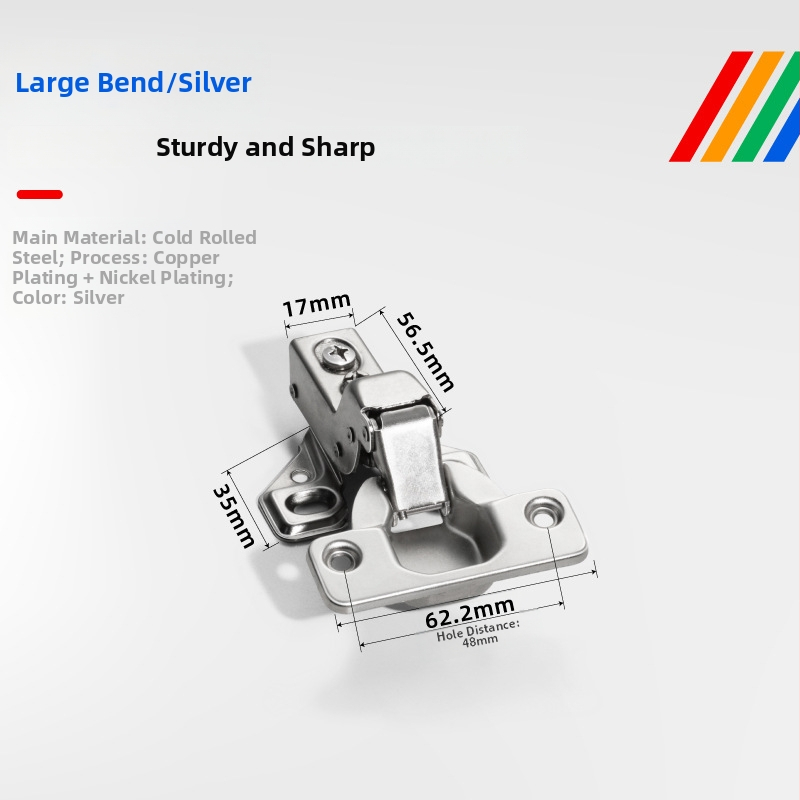 Pánt s krátkym ramenom pre dvere skríň a skriniek, americký štýl; materiál: studený valcovaný oceľ; povrch: meď-nikel; hydraulické tlmenie, tichý chod