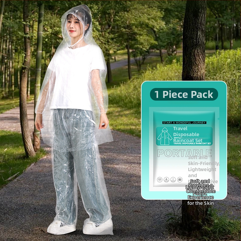 Integreeritud vihmaponcho koos pükstega, ühekordne, PE kangas, matkamiseks, täiskasvanutele