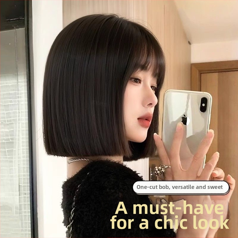 Parochňa na celú hlavu pre ženy, prirodzený vzhľad, krátky bob s rovnými ofinkami, tepelne odolné syntetické vlákna