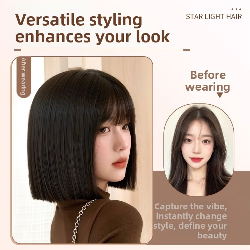 Visiškai parūka moterims, natūralus įvaizdis, trumpas bob šukuosena su tiesiais kirpčiukais, atsparus aukštai temperatūrai sintetinis pluoštas