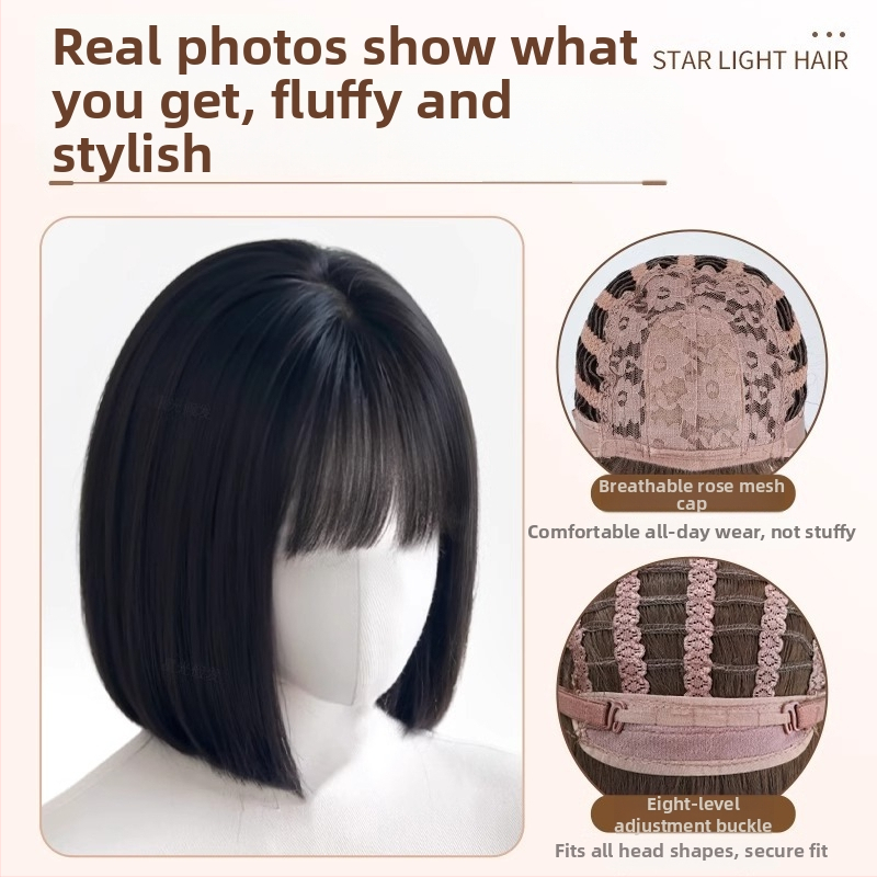 Visiškai parūka moterims, natūralus įvaizdis, trumpas bob šukuosena su tiesiais kirpčiukais, atsparus aukštai temperatūrai sintetinis pluoštas