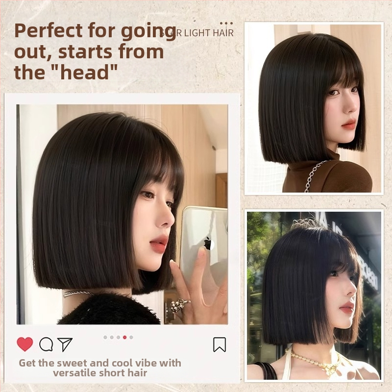 Visiškai parūka moterims, natūralus įvaizdis, trumpas bob šukuosena su tiesiais kirpčiukais, atsparus aukštai temperatūrai sintetinis pluoštas