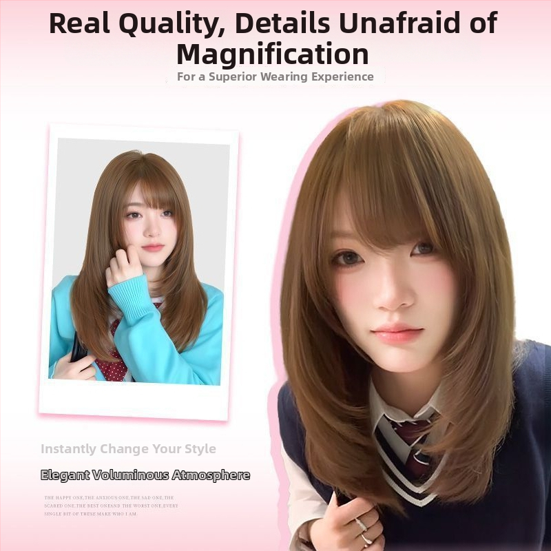 Parochňa s dlhými rovnými vlasmi a šikmými ofinkami, prirodzený vzhľad, model X-129, mechanické spracovanie, vlasy z vysokoteplotného hodvábu