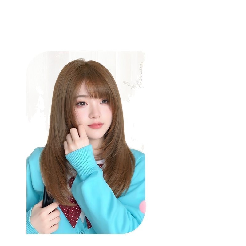 Parochňa s dlhými rovnými vlasmi a šikmými ofinkami, prirodzený vzhľad, model X-129, mechanické spracovanie, vlasy z vysokoteplotného hodvábu