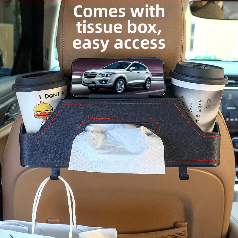 Automobilový zadný sedadlový multifunkčný úložný box – plast + koža, držiak na poháre, krabička na vreckovky a hák, model 3333, prispôsobiteľný, tlač loga