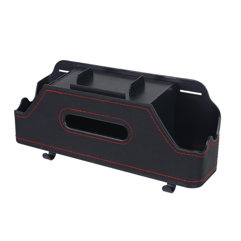 Automobilový zadný sedadlový multifunkčný úložný box – plast + koža, držiak na poháre, krabička na vreckovky a hák, model 3333, prispôsobiteľný, tlač loga