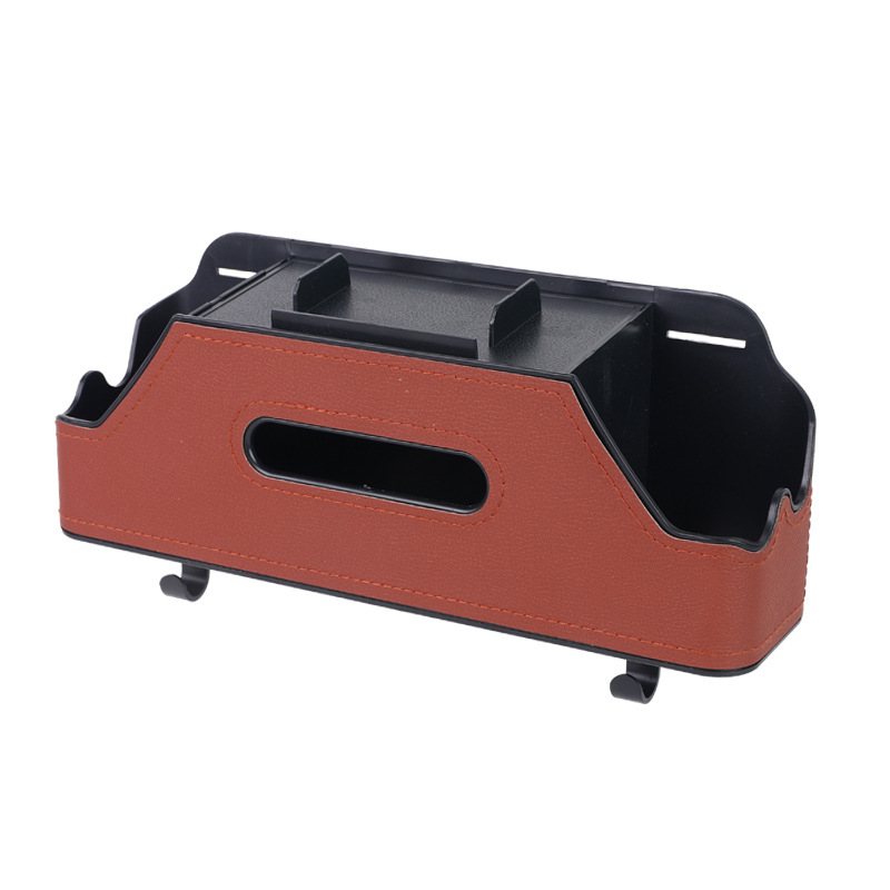 Automobilový zadný sedadlový multifunkčný úložný box – plast + koža, držiak na poháre, krabička na vreckovky a hák, model 3333, prispôsobiteľný, tlač loga