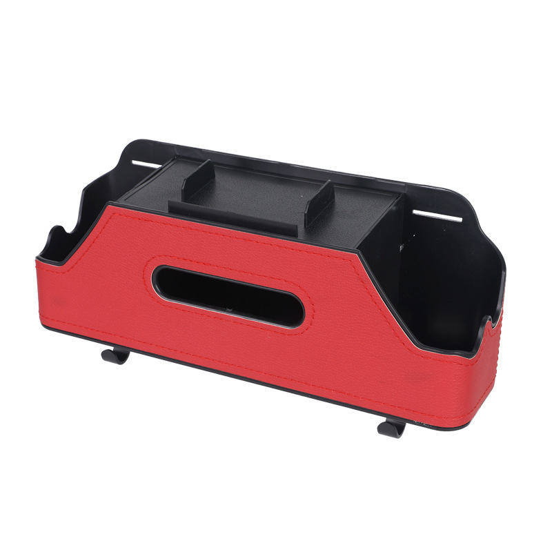 Automobilový zadný sedadlový multifunkčný úložný box – plast + koža, držiak na poháre, krabička na vreckovky a hák, model 3333, prispôsobiteľný, tlač loga