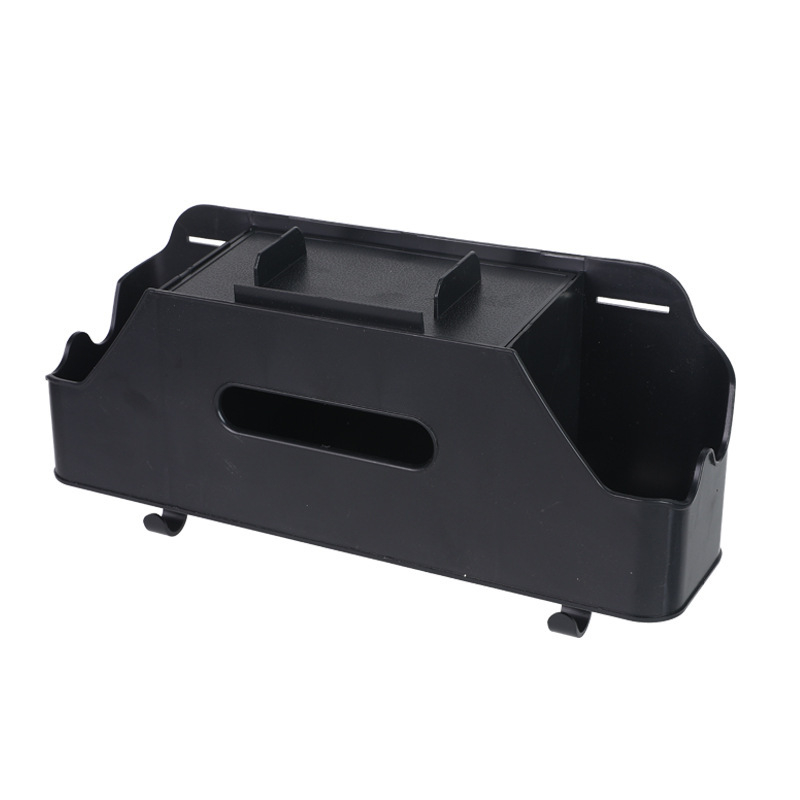 Automobilový zadný sedadlový multifunkčný úložný box – plast + koža, držiak na poháre, krabička na vreckovky a hák, model 3333, prispôsobiteľný, tlač loga