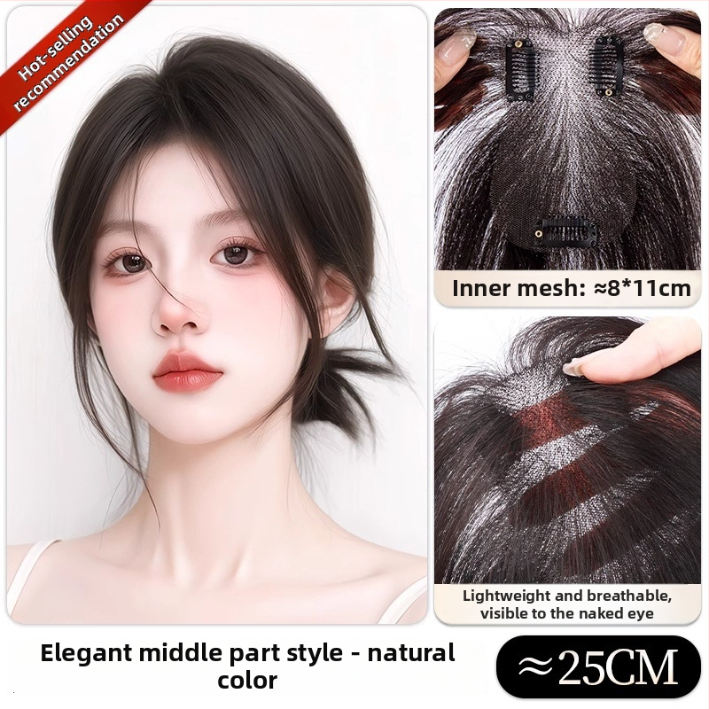 Ľahký bezšvový doplnok vlasov pre ženy, horný pramene vlasov, rovné ofiny, model G8511/G9918, plne ručne tkané, termálne odolné hodvábne vlákno, nie je možné farbiť ani chemicky upravovať