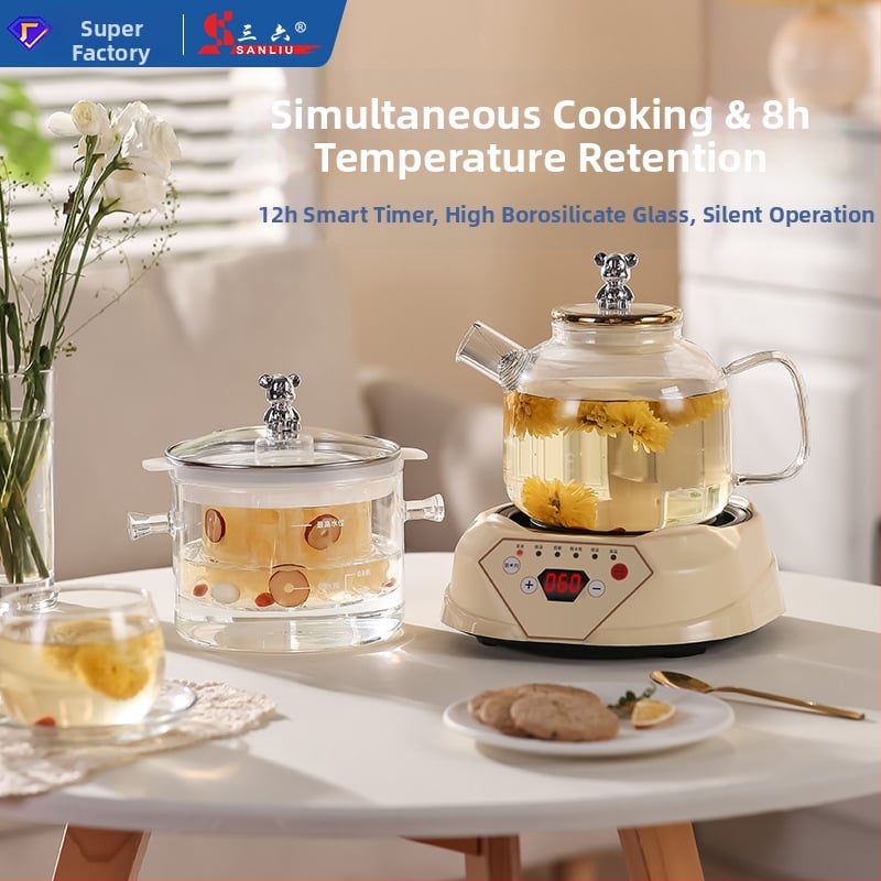 Zdravotný čajník s borosilikátovým sklom, objem 1,5–2 L, 220V, 500W, digitálny termostat s dotykovým ovládaním