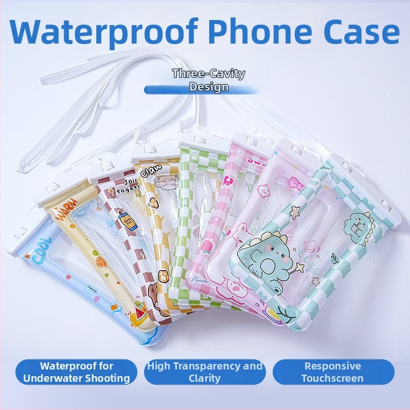 Cartoon vodotesná taška na telefón pre vonkajšie použitie, PVC materiál, pruhovaný vzor, nepremokavá tkanina, kapacita pod 6,5 L
