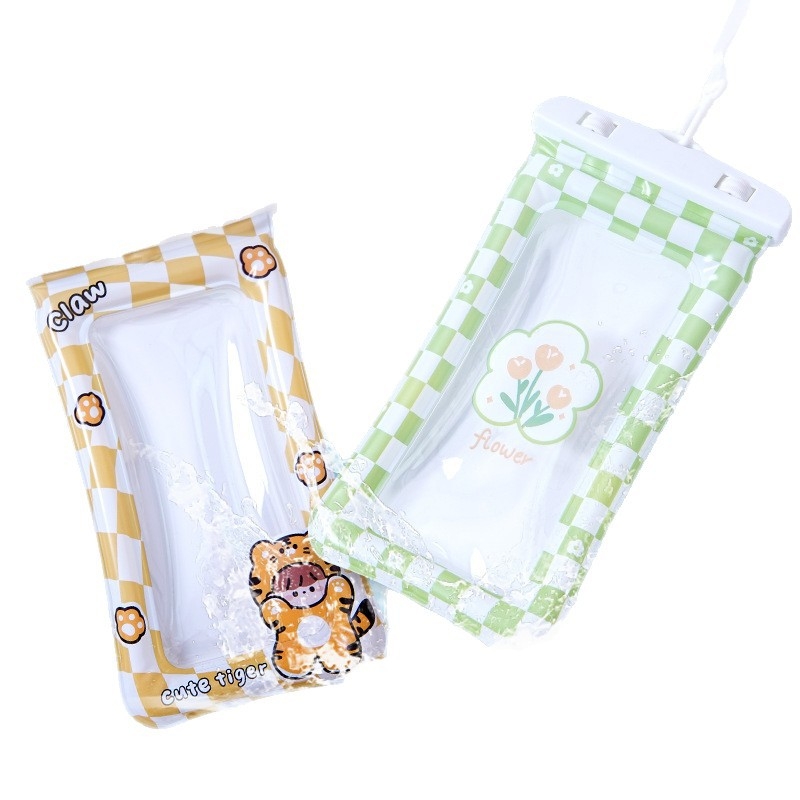 Cartoon vodotesná taška na telefón pre vonkajšie použitie, PVC materiál, pruhovaný vzor, nepremokavá tkanina, kapacita pod 6,5 L