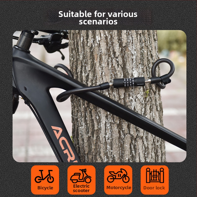 Zámok na bicykel s heslom – MMS01; Materiály: zinková zliatina, ABS, PVC, kompozitný oceľový drôt; Hmotnosť: 326,5 g; Štýl: ľahká luxus