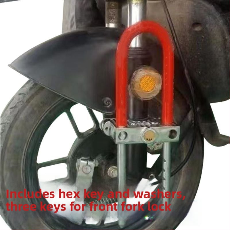 Zámok na prednú vidlicu motocyklu: hrubší U-zámok proti prestrihnutiu, uzamknutie predného kolesa