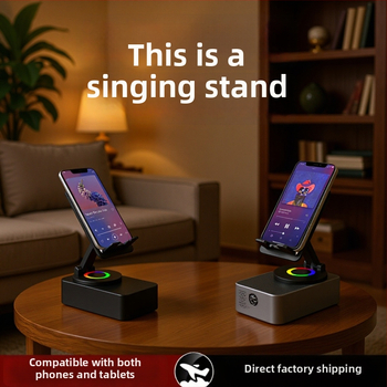 Четири в едно зарядно стойка за таблети/фаблети с вграден безжичен Bluetooth говорител, настолен 360° завъртане; Bluetooth 5.3, 100 Hz–20 kHz, SNR ≥70 dB, 5 W, вградена батерия 1200–2000 mAh