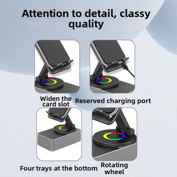 Четири в едно зарядно стойка за таблети/фаблети с вграден безжичен Bluetooth говорител, настолен 360° завъртане; Bluetooth 5.3, 100 Hz–20 kHz, SNR ≥70 dB, 5 W, вградена батерия 1200–2000 mAh