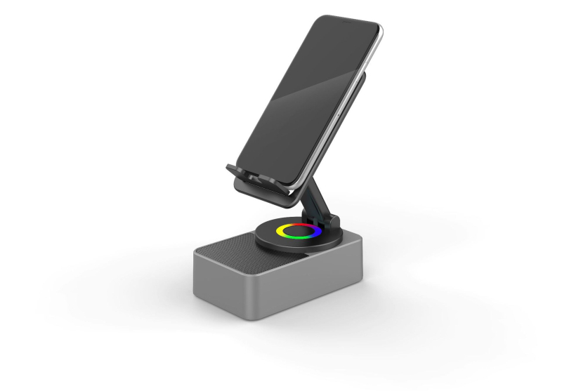 Четири в едно зарядно стойка за таблети/фаблети с вграден безжичен Bluetooth говорител, настолен 360° завъртане; Bluetooth 5.3, 100 Hz–20 kHz, SNR ≥70 dB, 5 W, вградена батерия 1200–2000 mAh