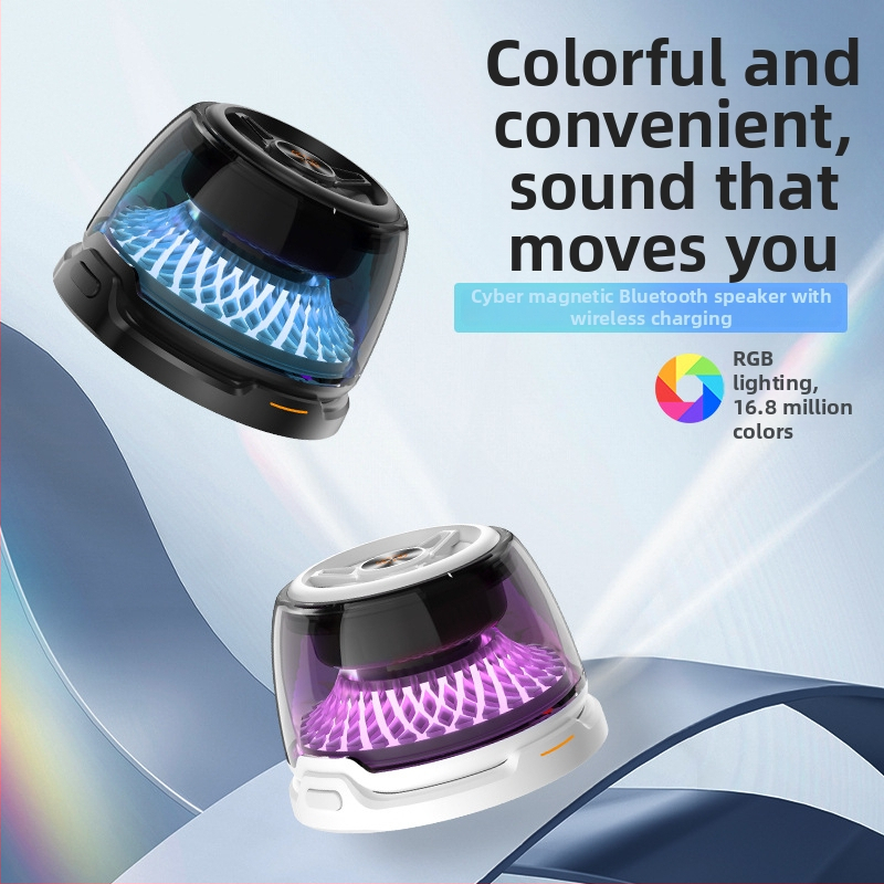 Магнитно безжично зарядно устройство с RGB осветление и Bluetooth говорител с мини субуфер (15W, вградена батерия 300–500mAh, Bluetooth 2.0, 100Hz–20kHz)
