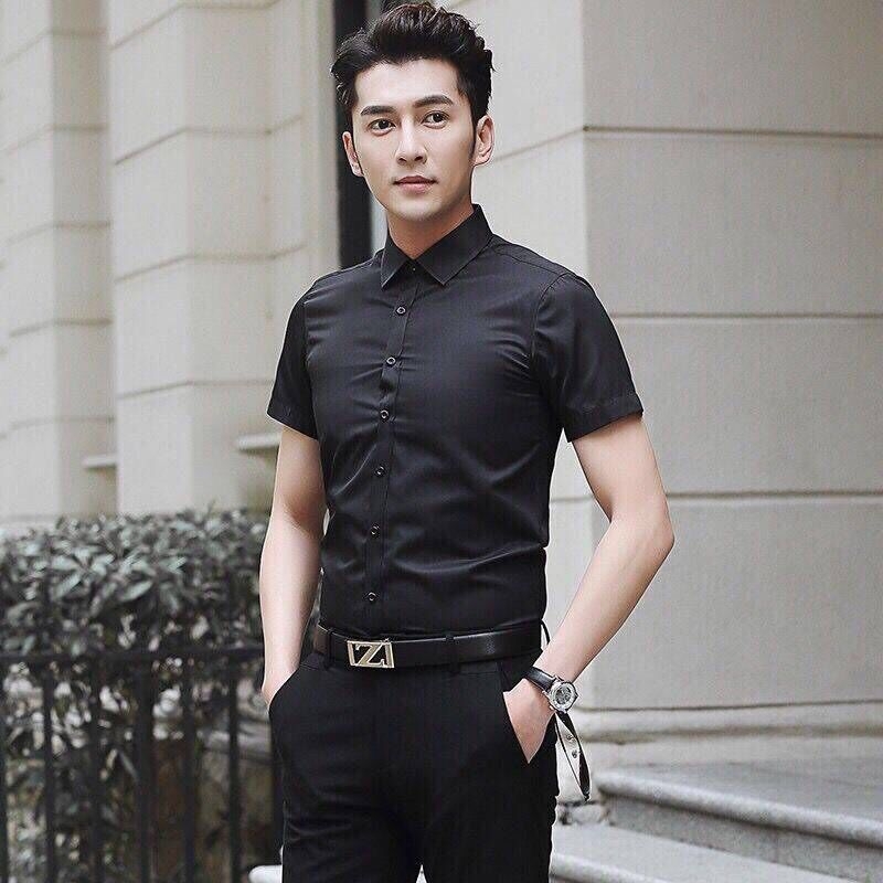 Meeste Slim-fit lühikeste varrukatega särk, reverikael, polüesteri segu, masinapesu, äristiil