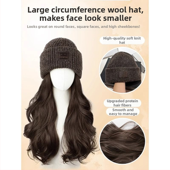 Parochňa s pletenou čiapkou - dlhé kučeravé vlasy s ofinou, prírodný štýl, Upgrade Hair, nie je vhodné pre horúce farbenie
