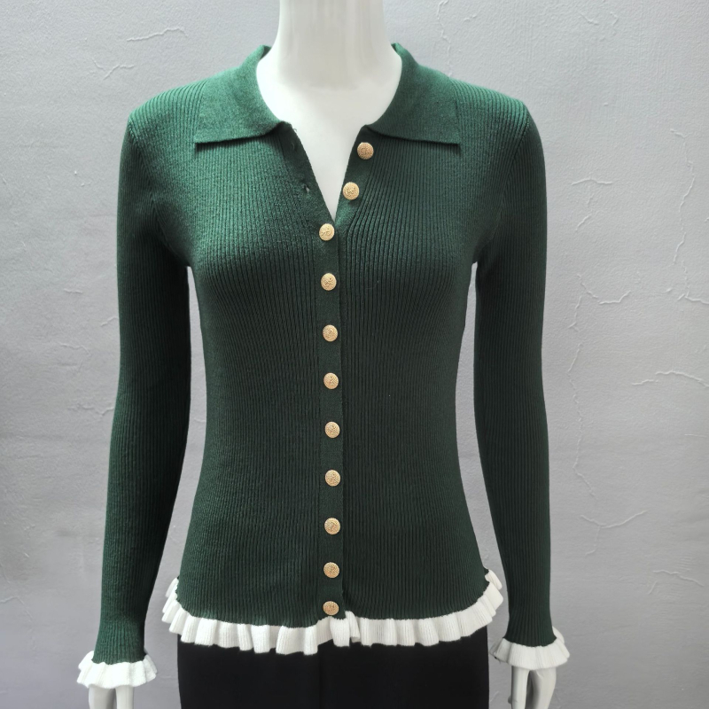 Dámsky cardigan na gombíky s lotosovými rukávmi; polo golier; štíhla silueta; pravidelná dĺžka; modal vlákno 30–50% (Zima 2025)