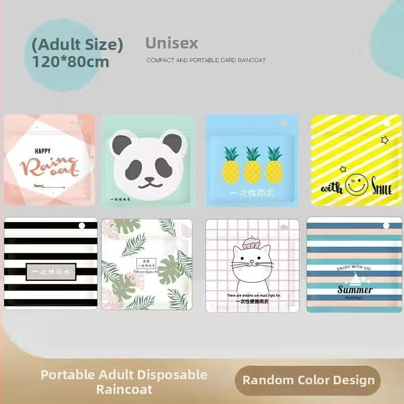 Pončo do dažďa v tvare karty pre dospelých aj deti, kreslený štýl, PE látka 0,03 mm, vodotesná vrstva PE lepidla, prenášateľný vreckový dizajn