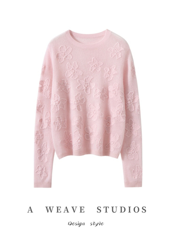 Pulóver z kašmíru (95%+), kvetinová výšivka, okrúhly výstrih, dlhé rukávy, voľný strih