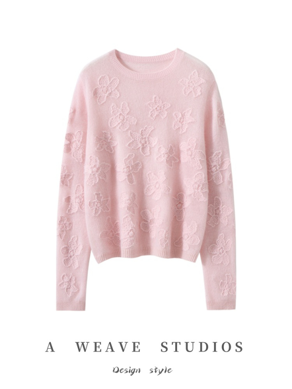 Pulóver z kašmíru (95%+), kvetinová výšivka, okrúhly výstrih, dlhé rukávy, voľný strih