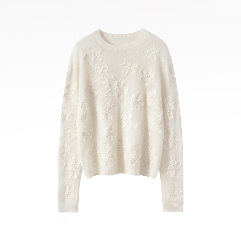 Pulóver z kašmíru (95%+), kvetinová výšivka, okrúhly výstrih, dlhé rukávy, voľný strih