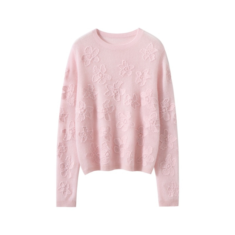 Pulóver z kašmíru (95%+), kvetinová výšivka, okrúhly výstrih, dlhé rukávy, voľný strih