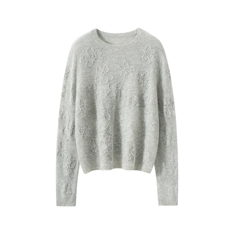 Pulóver z kašmíru (95%+), kvetinová výšivka, okrúhly výstrih, dlhé rukávy, voľný strih