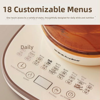 Royalstar Zdravotná kanvička na čaj, 1,5–2 L; telo z borosilikátového skla a vnútorná sklenená nádoba; 220 V, 500–1000 W; dotykové ovládanie s digitálnym termostatom a inteligentnou reguláciou teploty; automatické vypnutie.