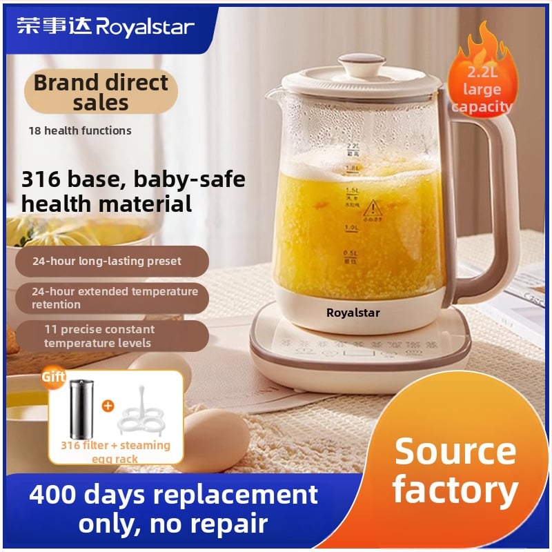 Royalstar Zdravotná kanvička na čaj, 1,5–2 L; telo z borosilikátového skla a vnútorná sklenená nádoba; 220 V, 500–1000 W; dotykové ovládanie s digitálnym termostatom a inteligentnou reguláciou teploty; automatické vypnutie.