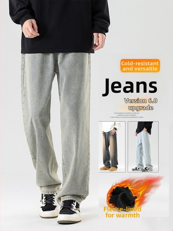 Meeste fliisiga džínid, denimkangast, vaba sirges lõikega, keskmise talje, sügisel-talvel igapäevane riietus