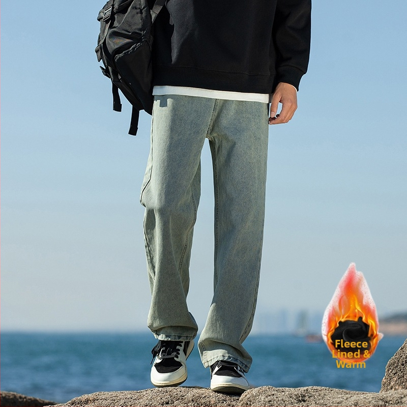 Meeste fliisiga džínid, denimkangast, vaba sirges lõikega, keskmise talje, sügisel-talvel igapäevane riietus