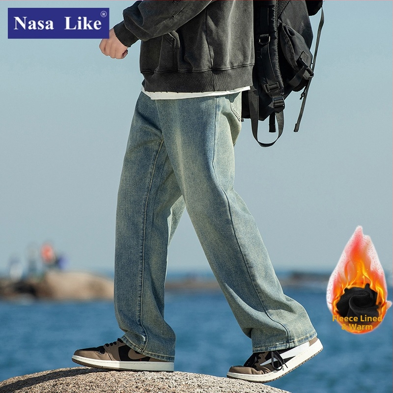 Meeste fliisiga džínid, denimkangast, vaba sirges lõikega, keskmise talje, sügisel-talvel igapäevane riietus