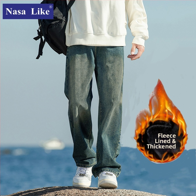 Meeste fliisiga džínid, denimkangast, vaba sirges lõikega, keskmise talje, sügisel-talvel igapäevane riietus