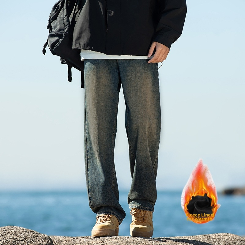 Meeste fliisiga džínid, denimkangast, vaba sirges lõikega, keskmise talje, sügisel-talvel igapäevane riietus
