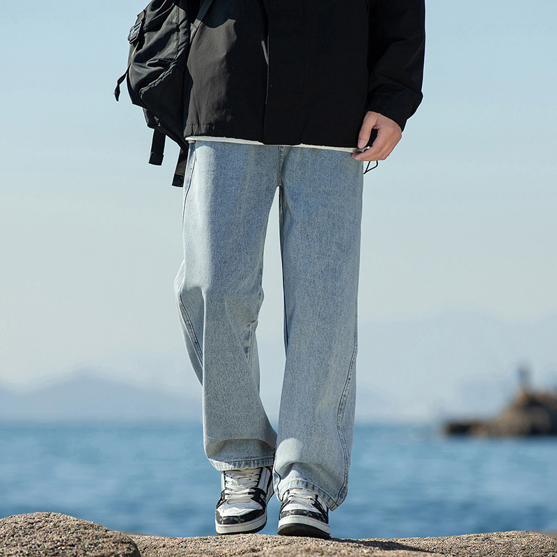 Meeste fliisiga džínid, denimkangast, vaba sirges lõikega, keskmise talje, sügisel-talvel igapäevane riietus