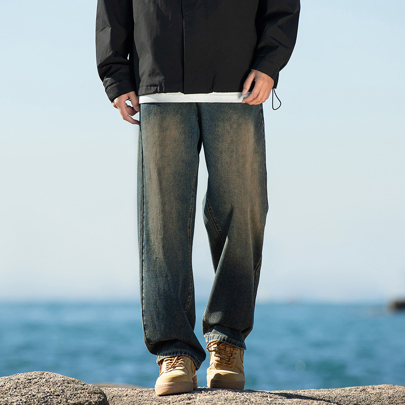 Meeste fliisiga džínid, denimkangast, vaba sirges lõikega, keskmise talje, sügisel-talvel igapäevane riietus