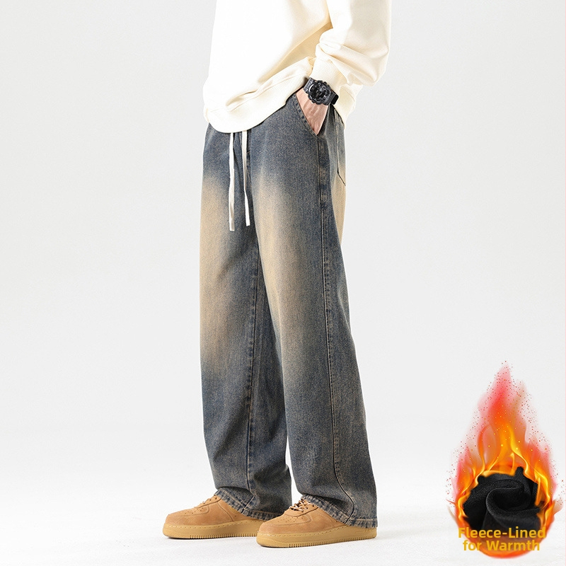 Meeste teksad Korea stiilis, sirge lõige, fliisvooder, puuvill, kõrge vöökoht