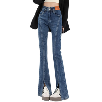 Jeansid, Korea stiili sirge lõikega, fleece-voodriga denim, kõrge vöökoht, tõmblukk ja taskute kaunistused