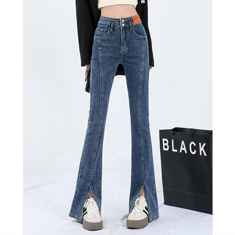 Jeansid, Korea stiili sirge lõikega, fleece-voodriga denim, kõrge vöökoht, tõmblukk ja taskute kaunistused